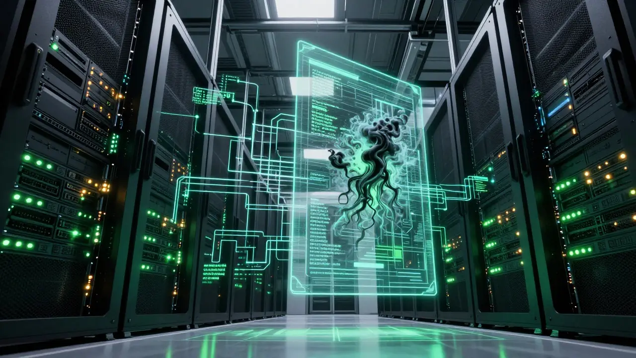 Server room with holographic shields blocking cyber threats in hyperrealistic style.