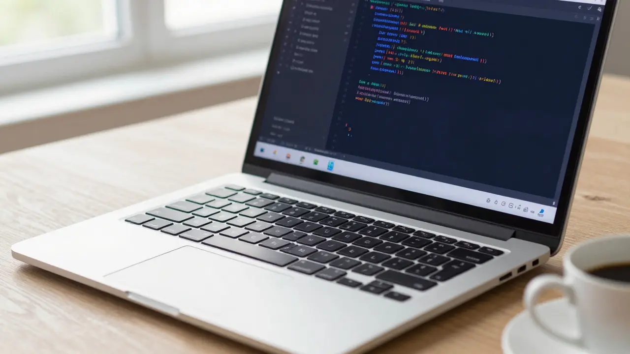 Sleek laptop on a desk displaying fast code generation in daylight