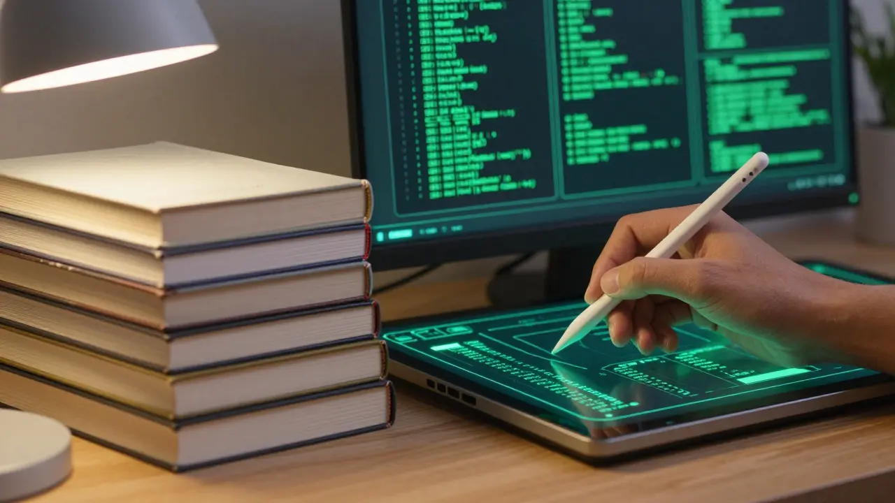 Split view of traditional books and glowing digital interface with a hand bridging them