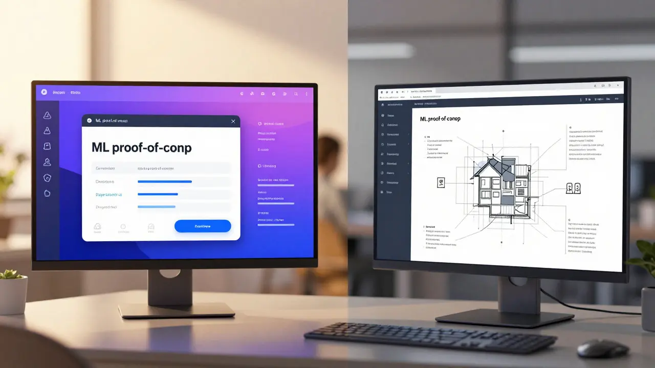 Split view of vibrant app prototype transitioning to complex architecture