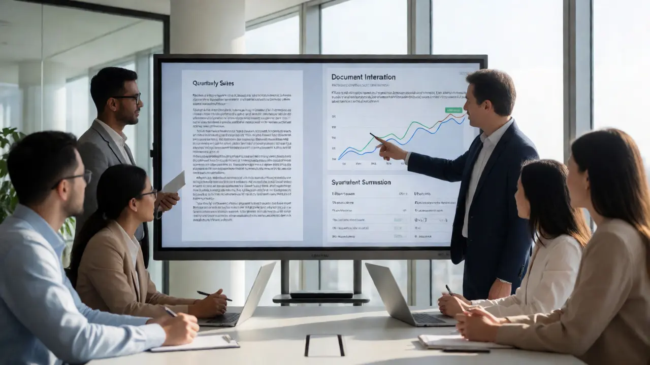 Team analyzing a digital report with AI-generated insights on a screen