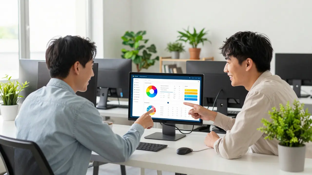 Two people collaborating happily on a web app design