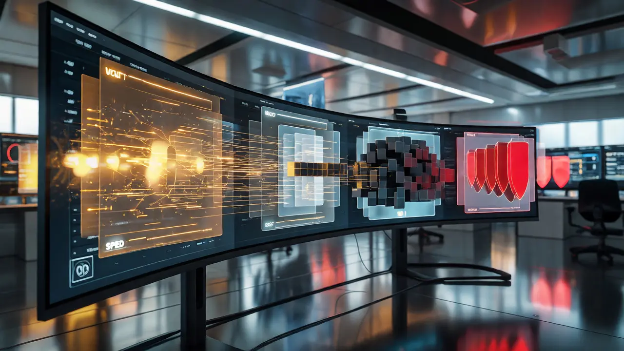 Abstract holographic dashboard visualizing LLM KPIs in a NOC