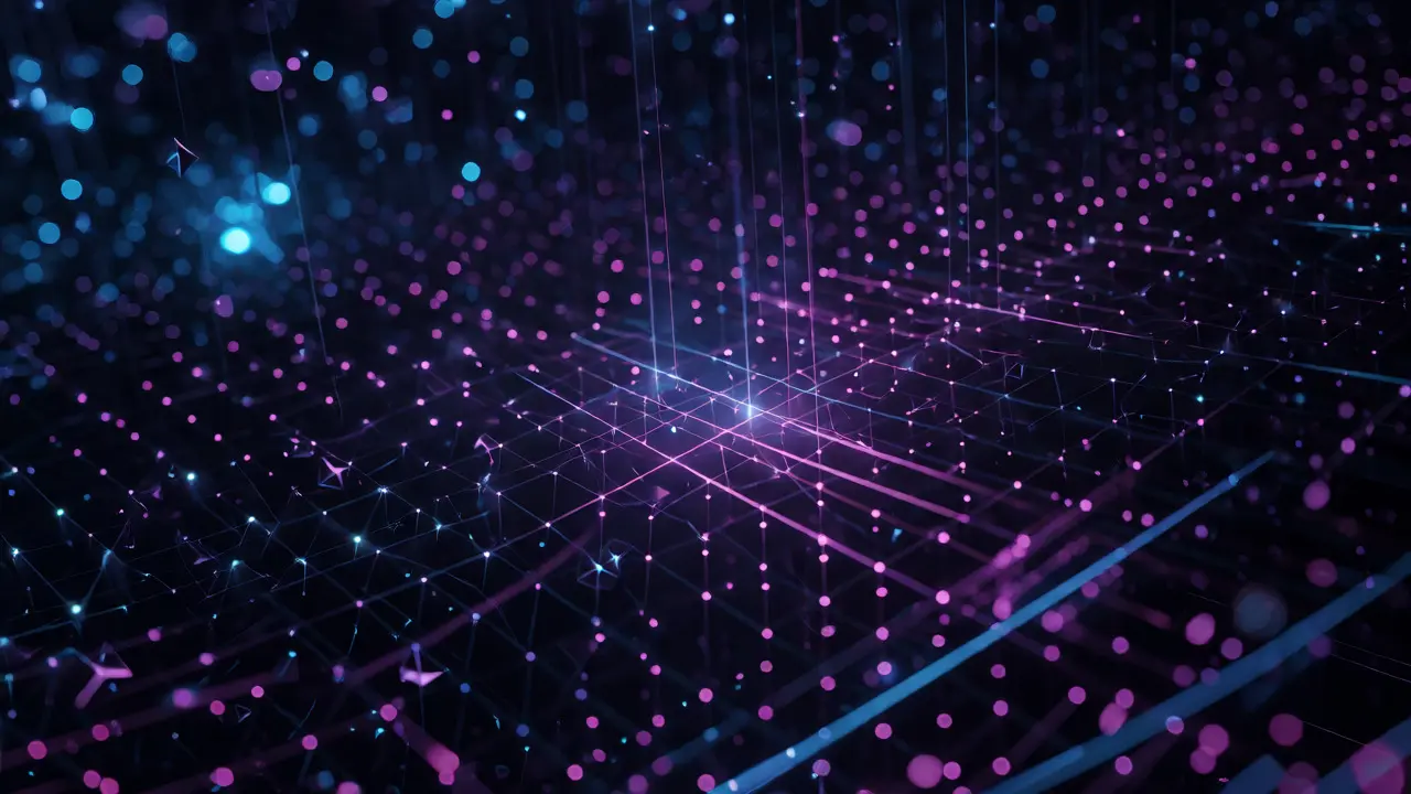 Abstract visualization of vector database nodes connected by semantic search beams