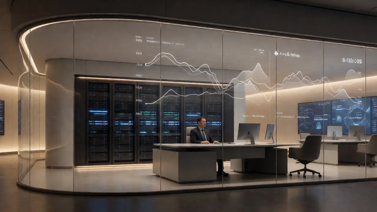 Calm analyst in a high-tech command center with stable data flows