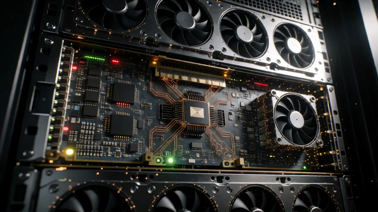 Close-up of GPU hardware illustrating floating-point non-determinism in AI models