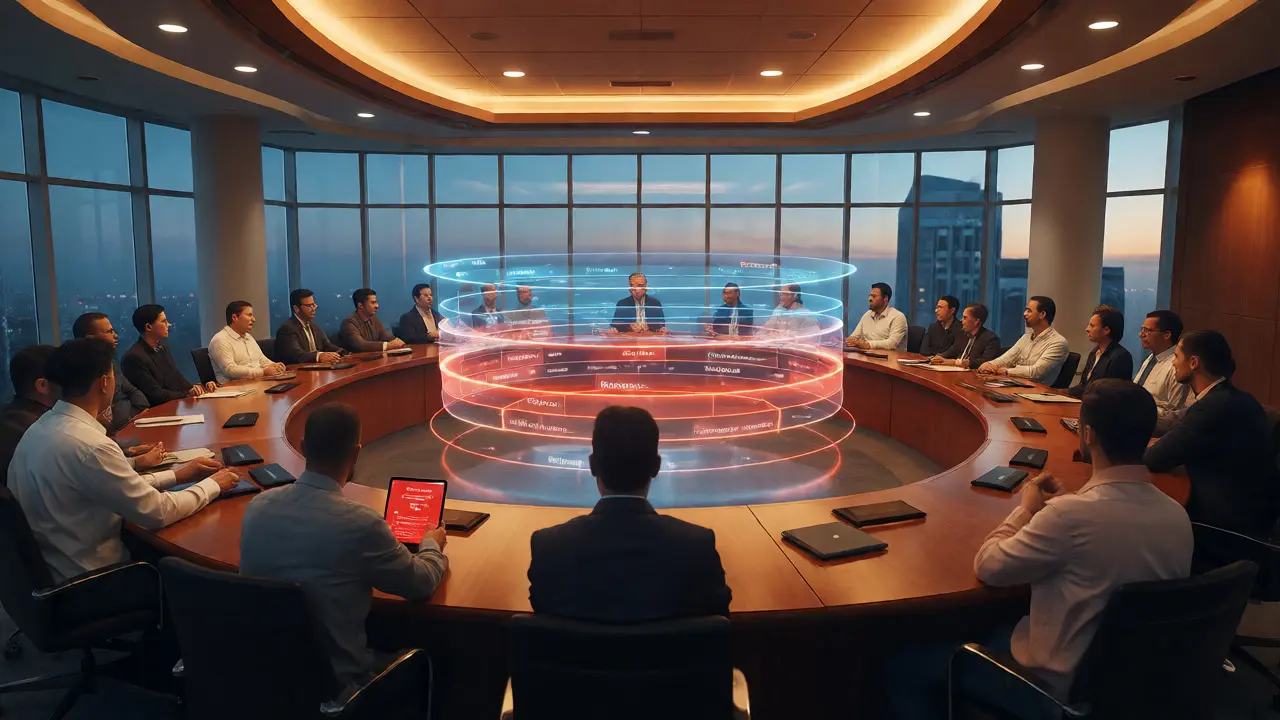 Compliance officers and engineers discussing governance frameworks in a boardroom