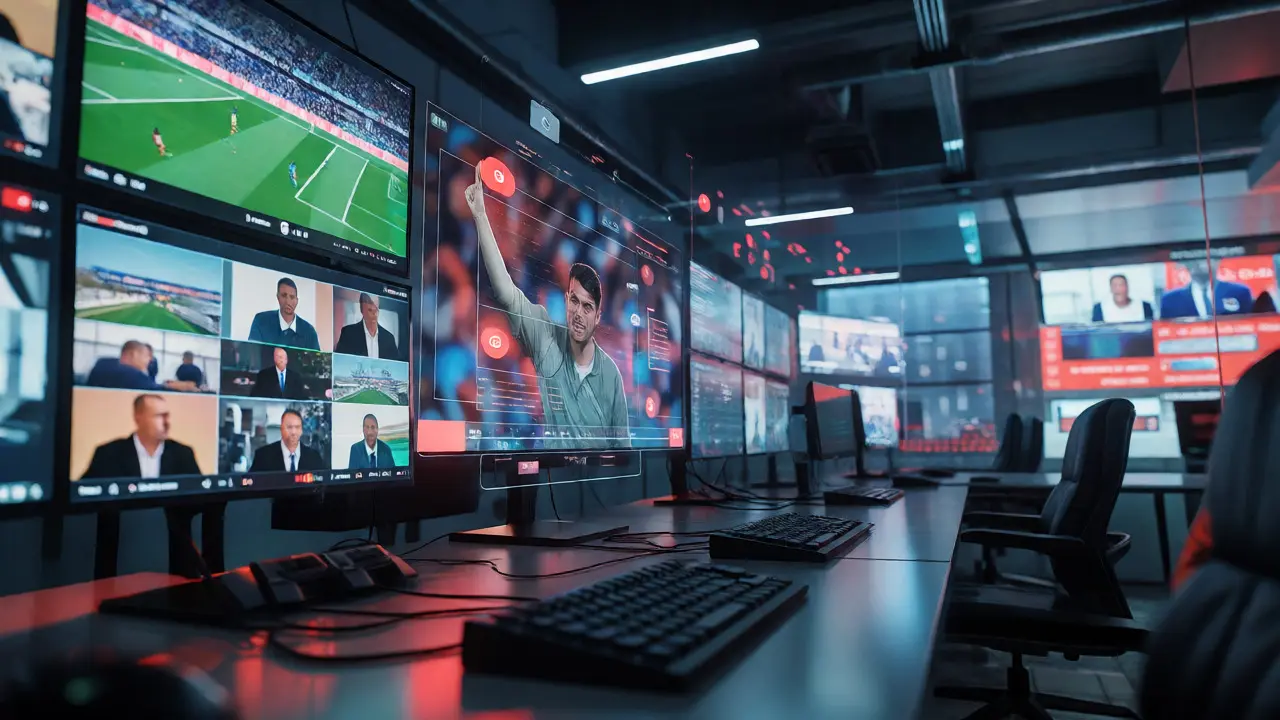 Control room screens displaying video feeds with AI scene detection overlays.