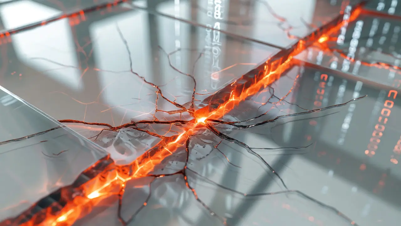 Cracked glass panel with internal fire symbolizing hidden code vulnerabilities