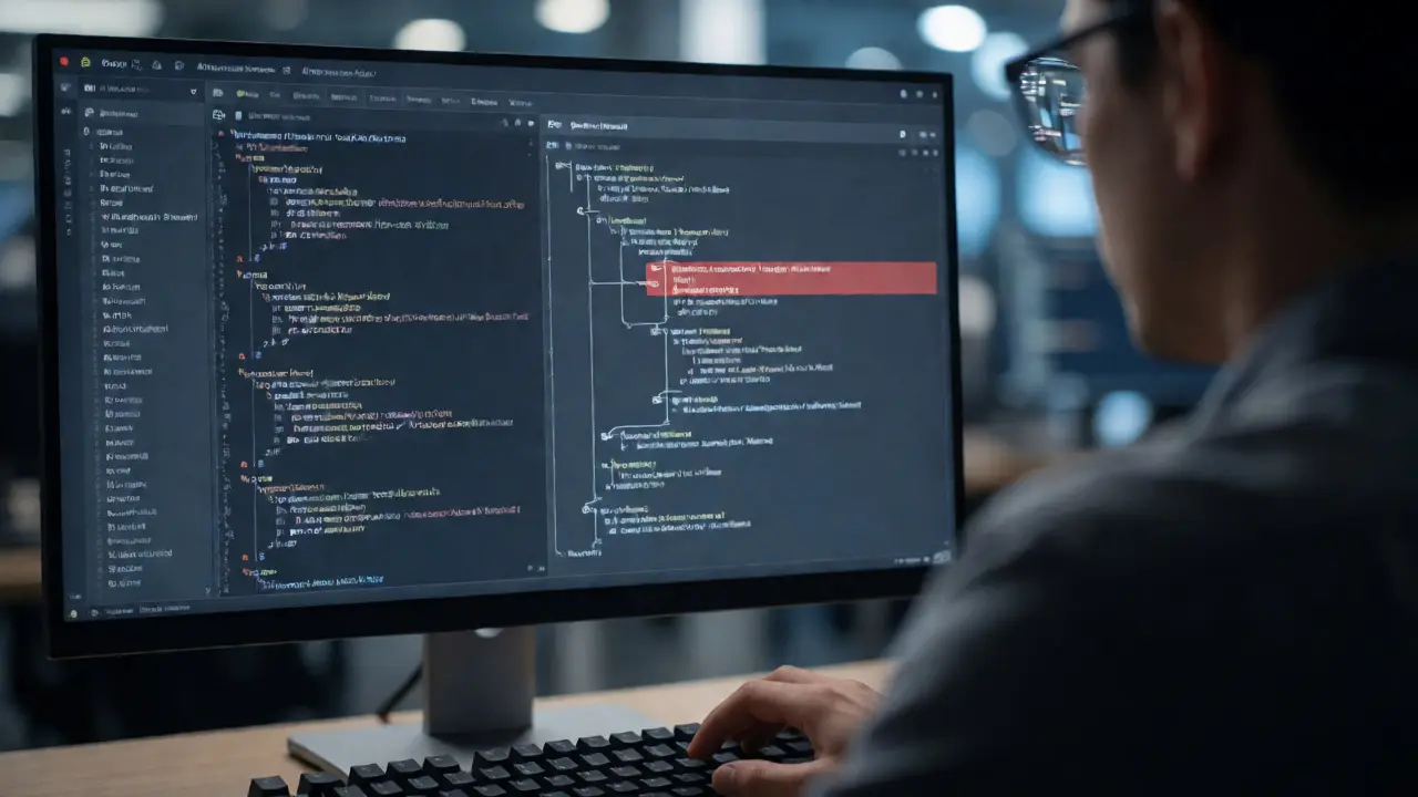 Developer reviewing AI-generated code and dependency risks on a monitor.