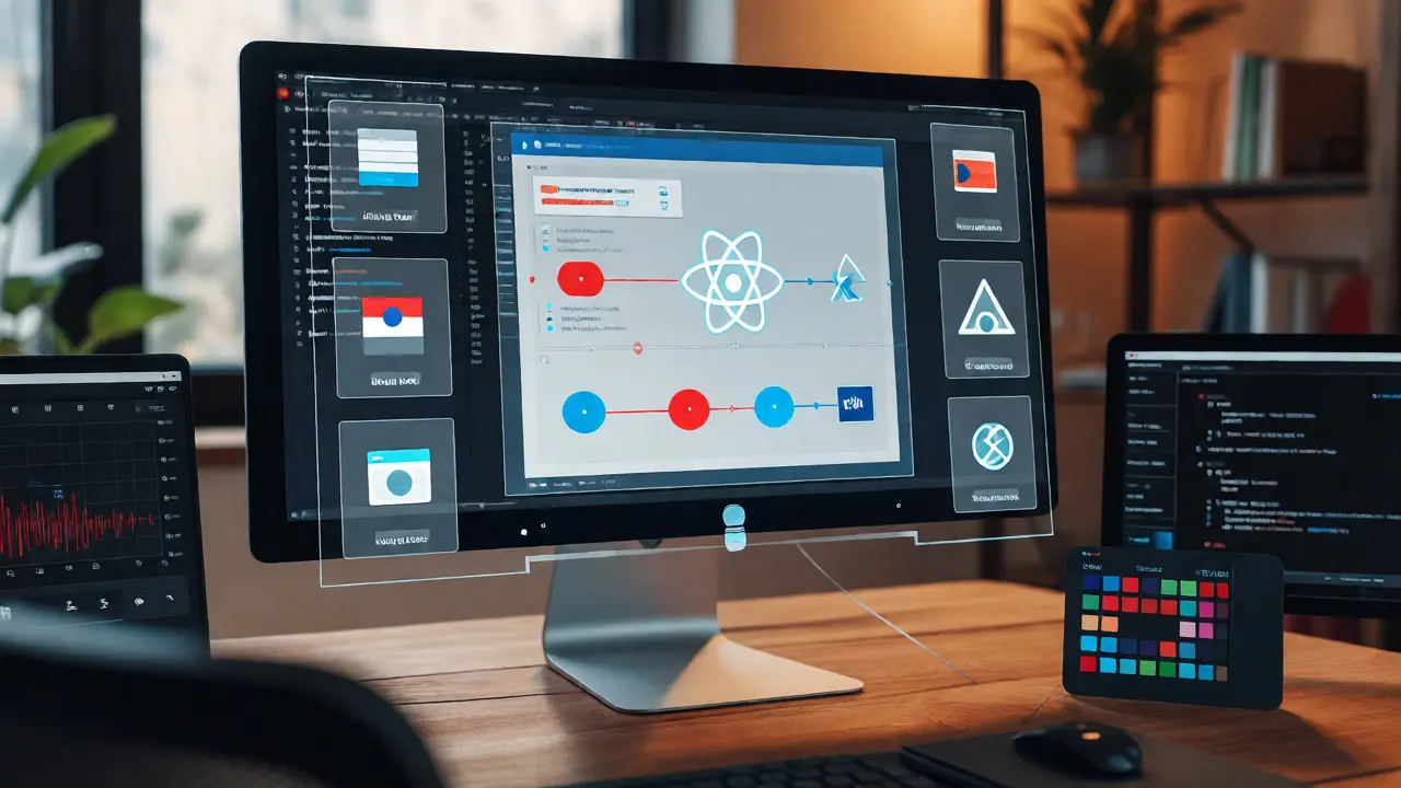 Developer reviewing code with holographic overlays of accessibility standards.