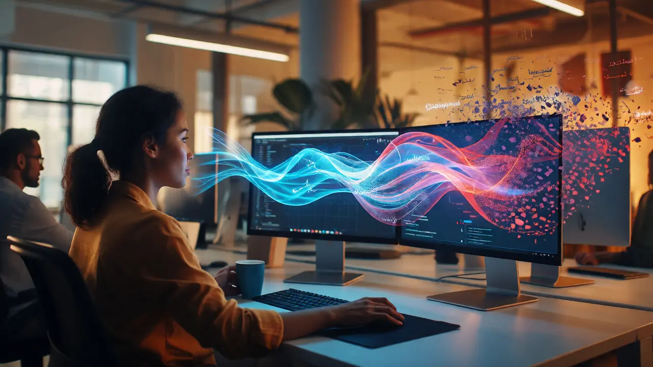 Developer working with holographic overlays showing language tokenization bias