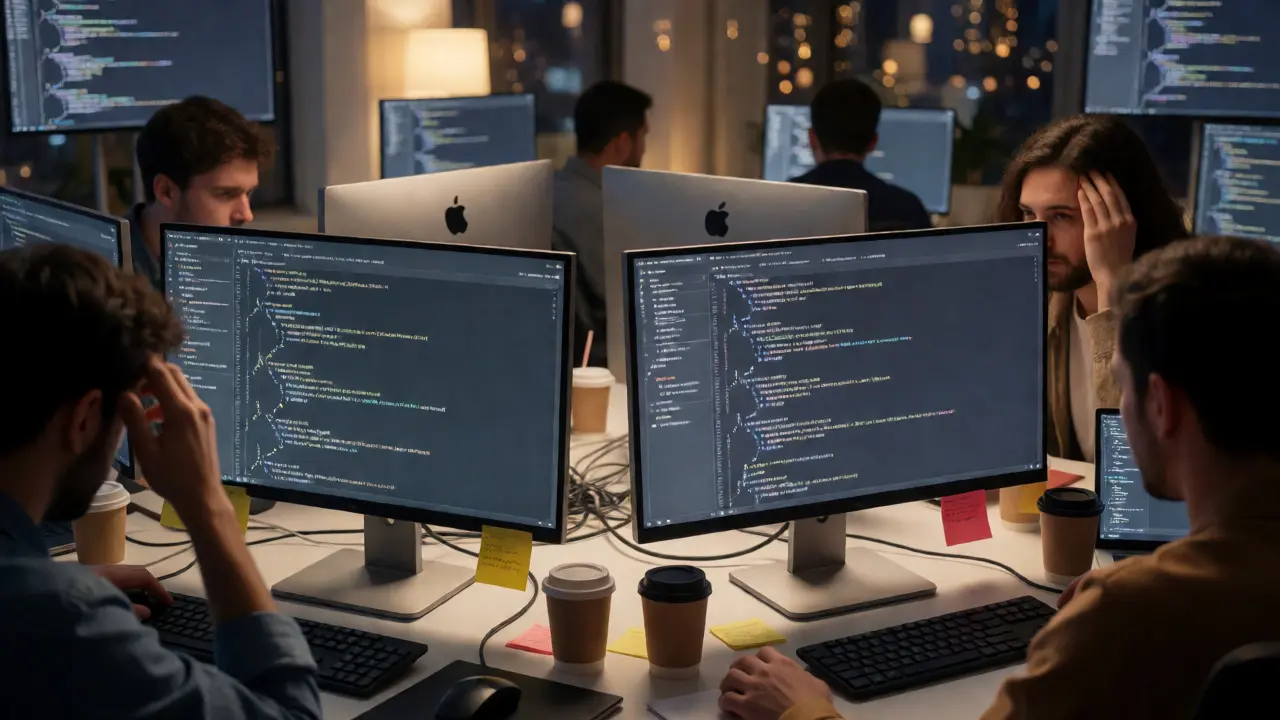 Developers struggling with inconsistent code styles in a cluttered tech office