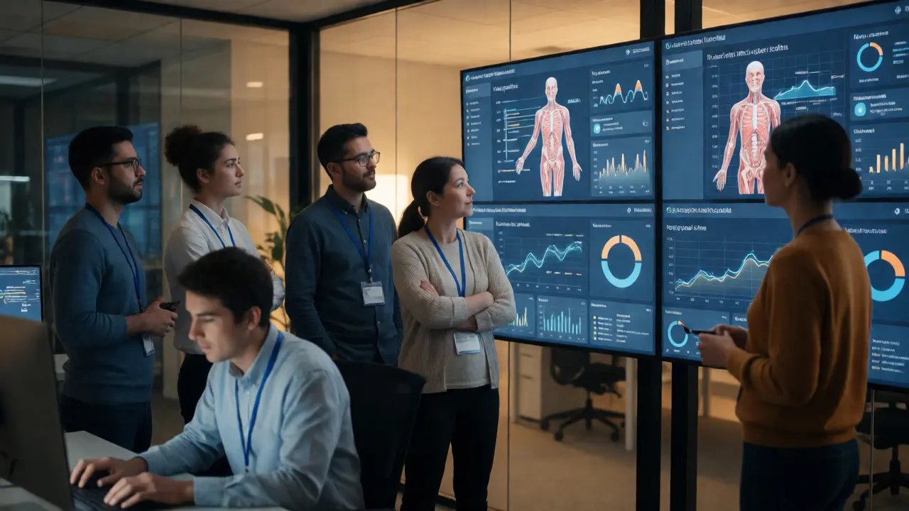 Engineers analyzing AI safety dashboards that flag a medical diagram as a false positive.