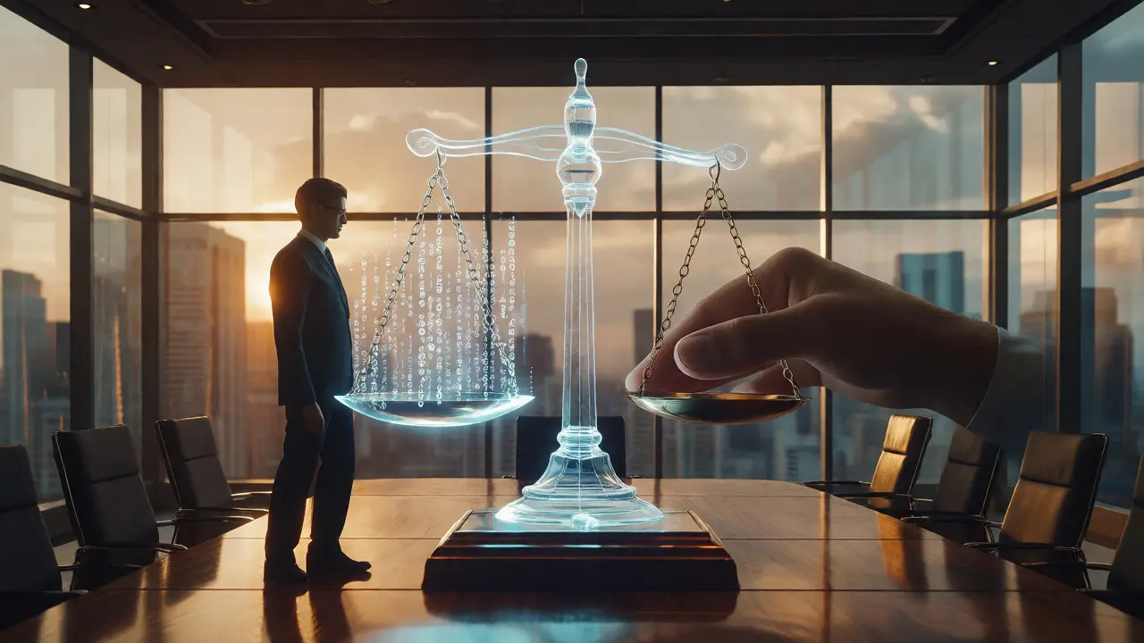 Executive balancing AI data with human judgment in a corporate boardroom.