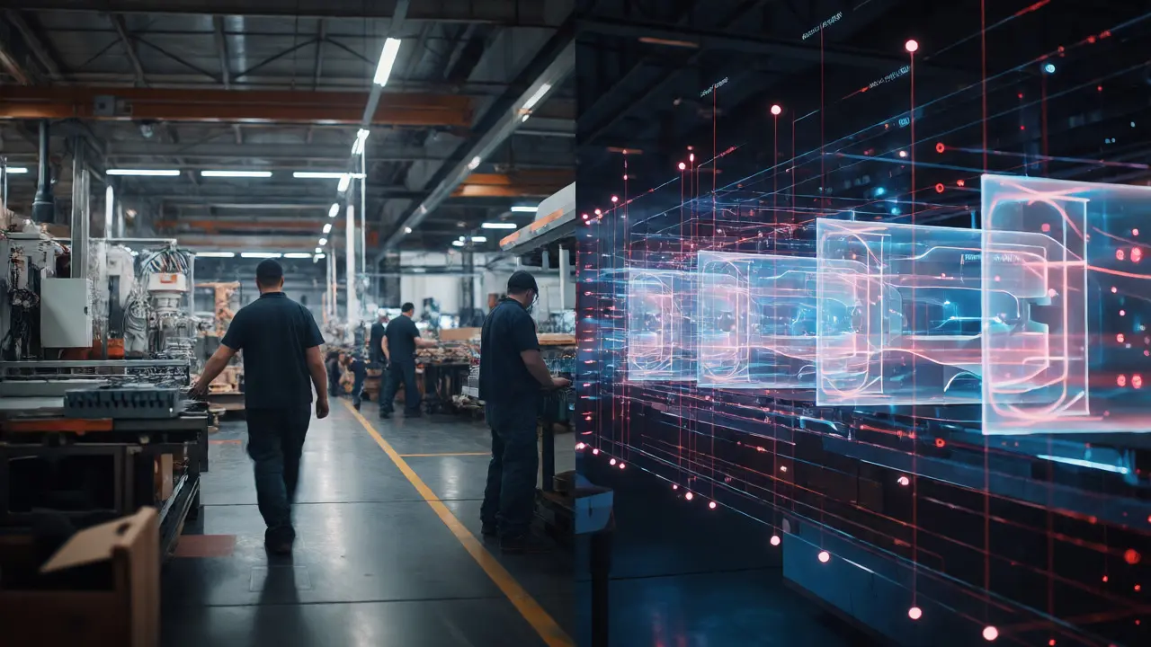 Factory floor scene overlaid with glowing AI data vectors for analysis.