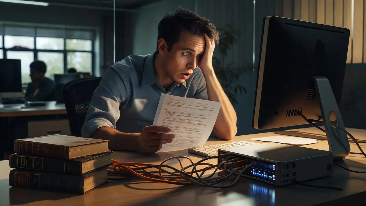 Frustrated engineer reviewing reports amidst textbooks and cables
