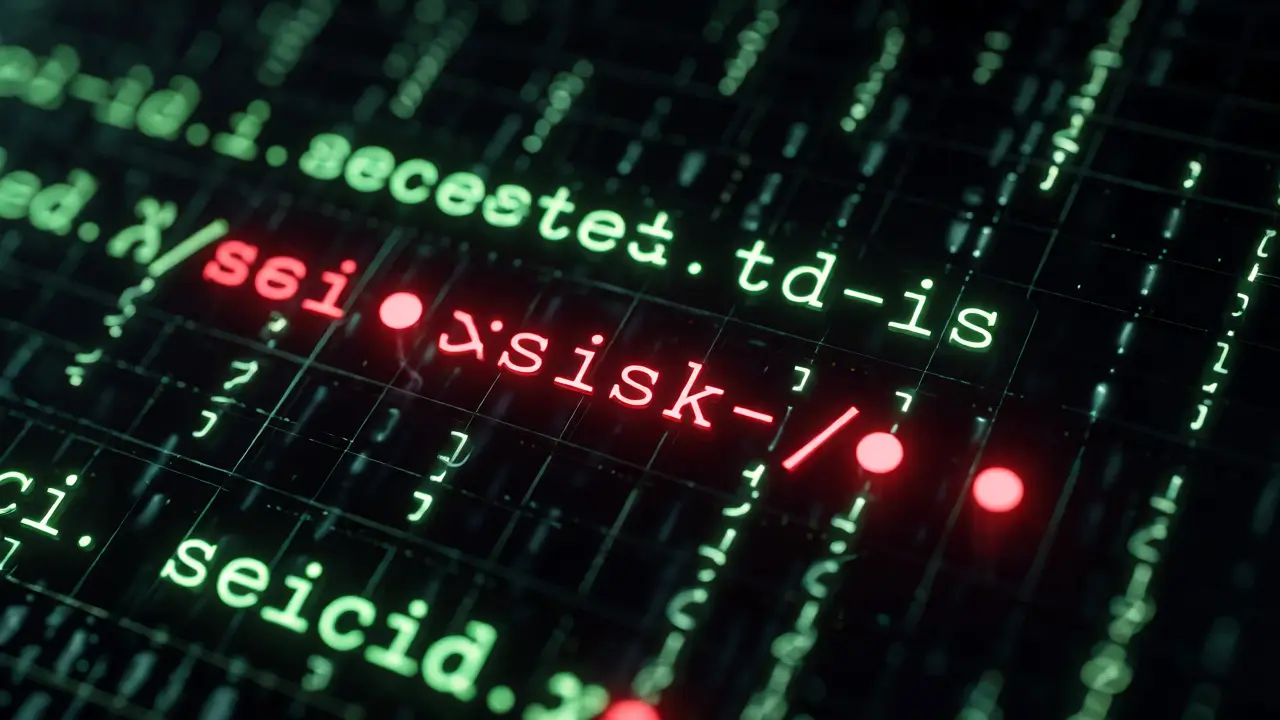Glowing code lines with red warnings indicating hardcoded API key vulnerabilities
