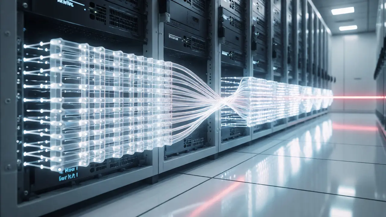 Glowing data streams flowing through server racks visualizing efficient KV caching and batching