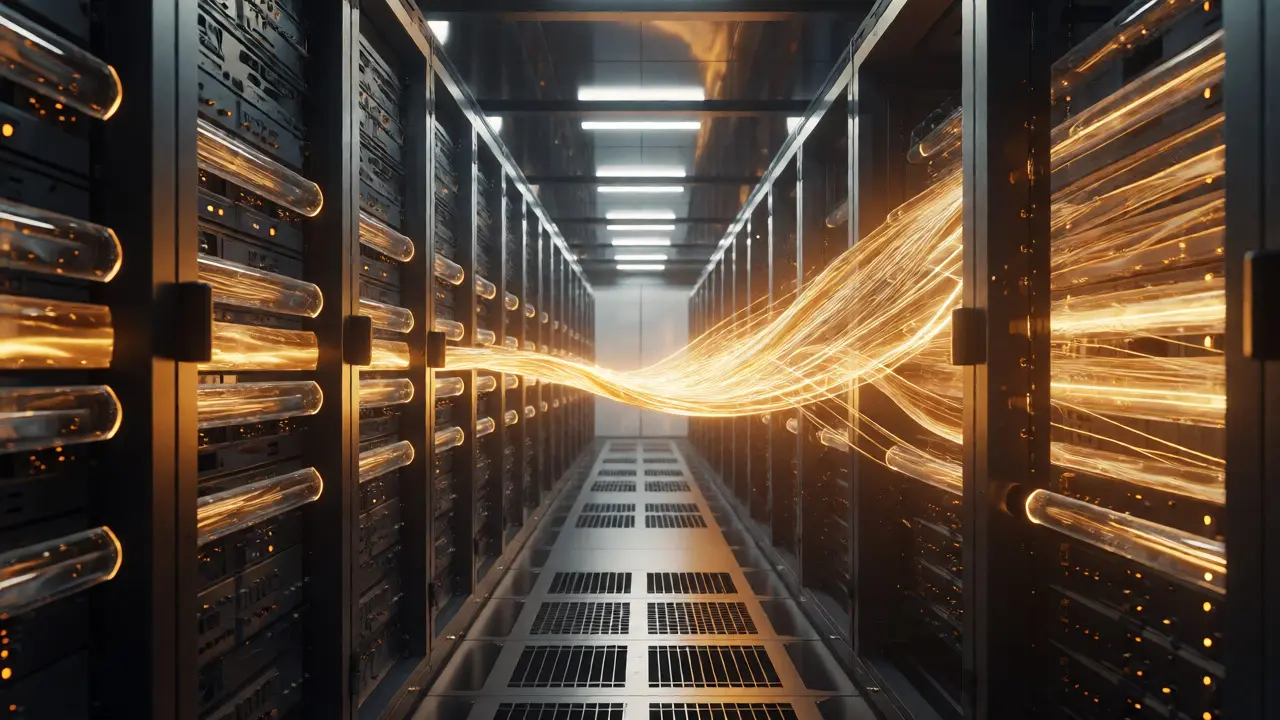 Golden light flowing through server conduits representing optimized data transfer.