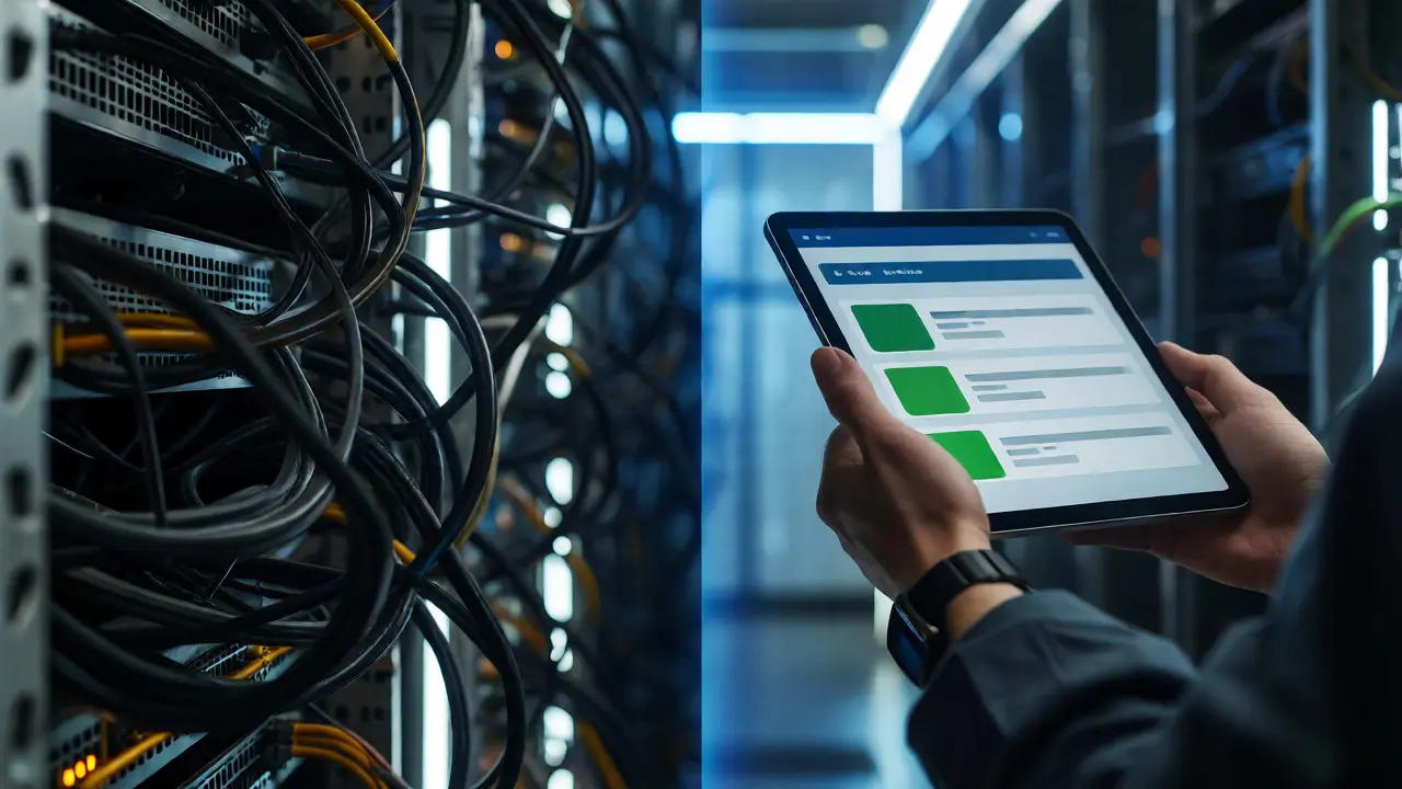 Hand holding tablet filtering chaotic server room cables into clear data