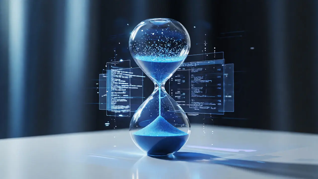 Hourglass with glowing data particles representing agent mode