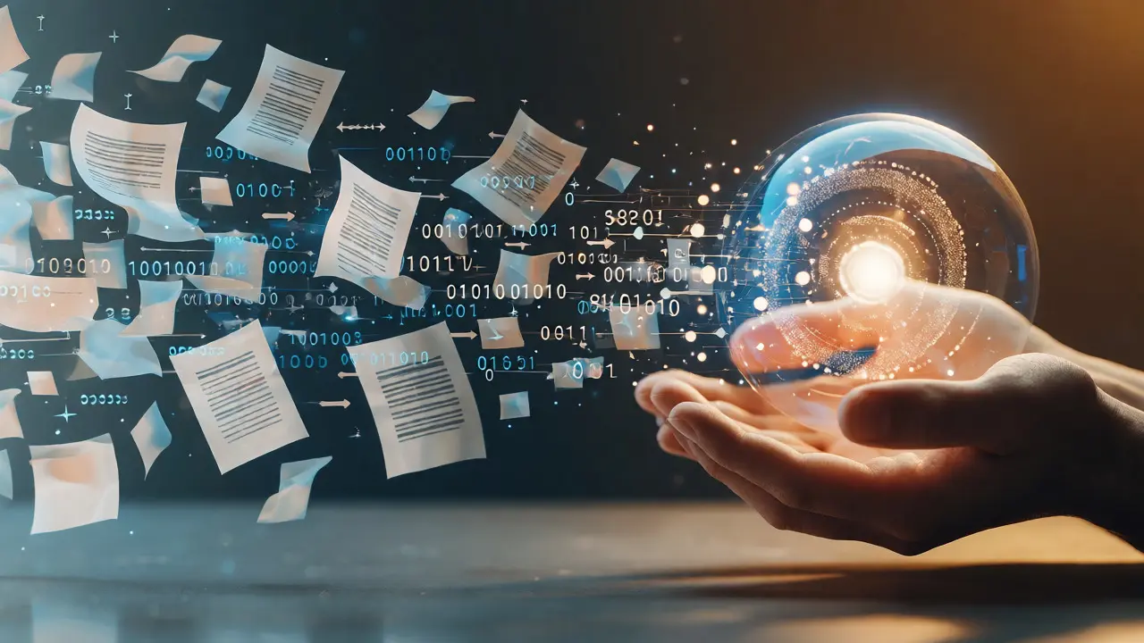 Human hands holding a glowing sphere formed from digital document fragments