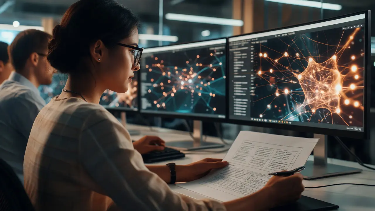Human reviewers analyzing data in a high-tech RLHF annotation center.