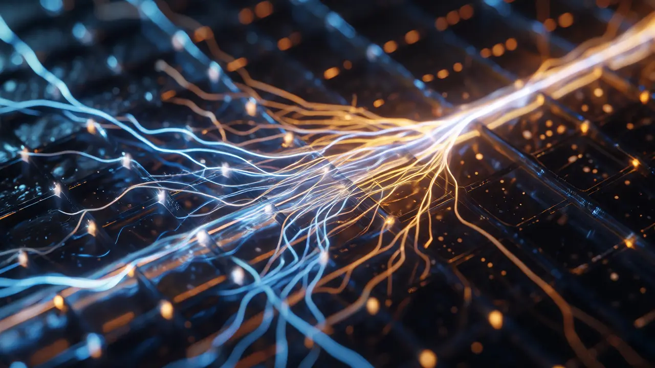 Macro view of fiber-optic neural pathways merging to show acceptance rates