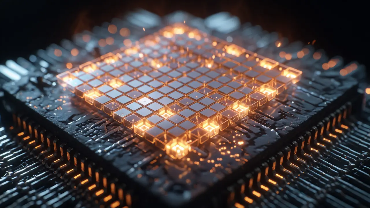 Microscopic chip with holographic attention matrix grid showing memory bottlenecks.