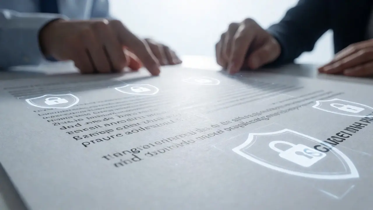 Security team reviewing contracts with digital overlays for AI vendor compliance