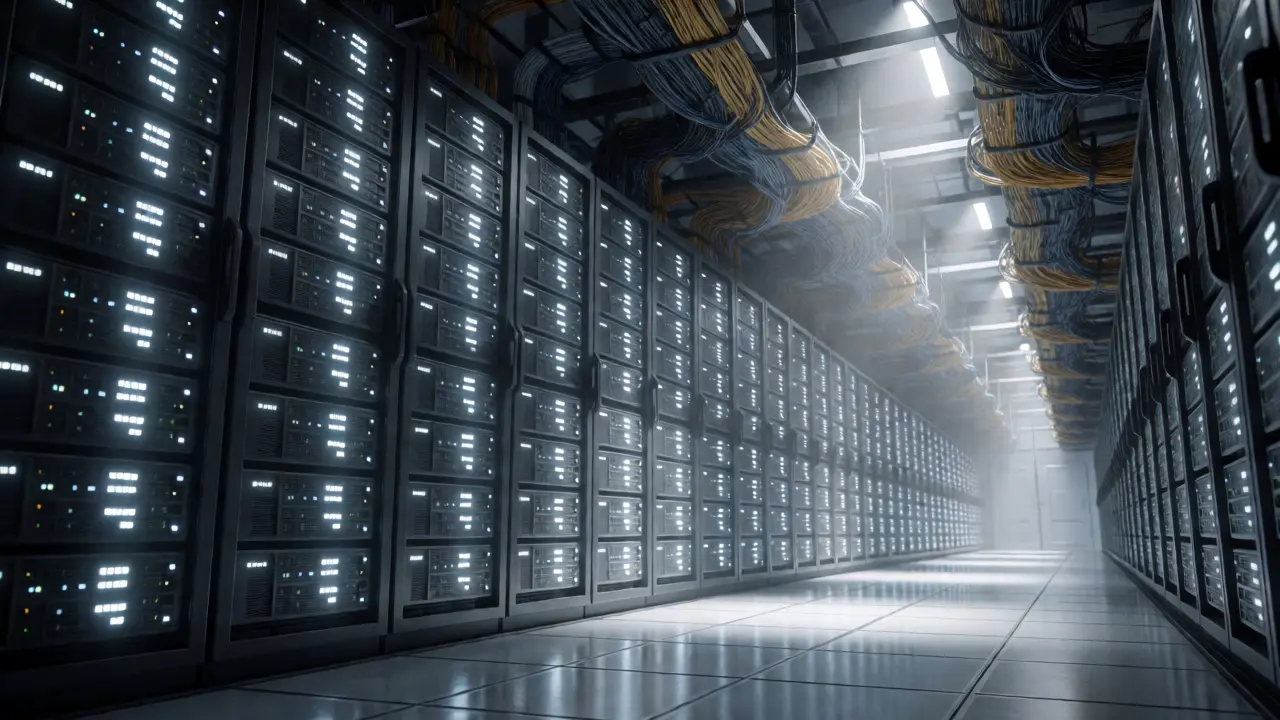 Server farm corridor with cable loops visualizing residual connections and stable training