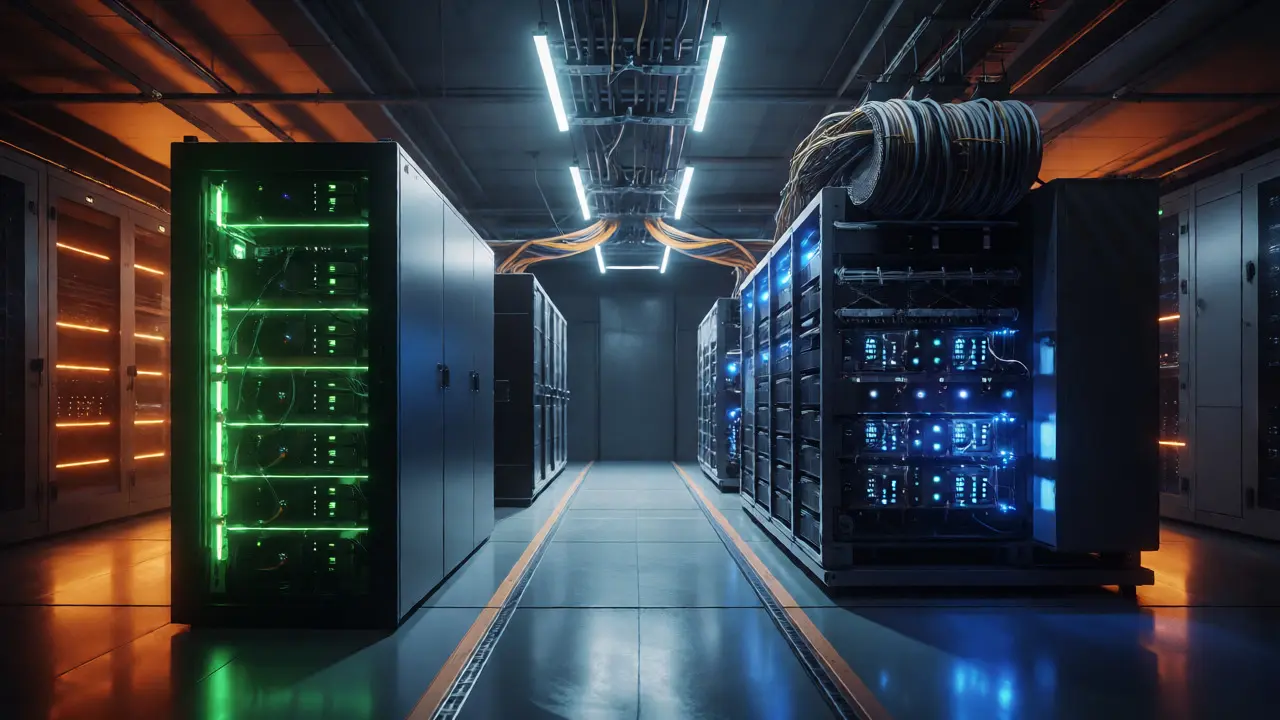 Server racks illustrating decoder-only efficiency vs encoder-decoder precision
