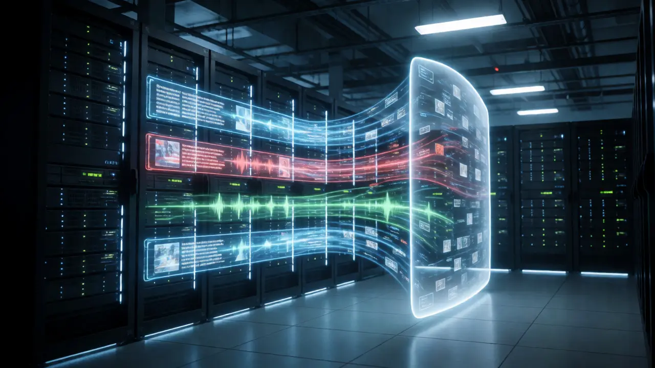 Server room with holographic data streams passing through a protective safety filter barrier.