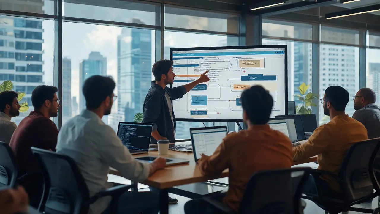 Software engineers collaborating on AI model selection decisions in a modern office