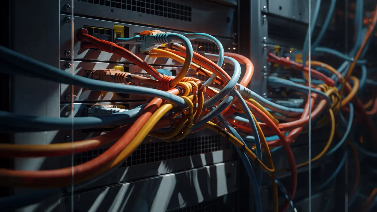Tangled server cables illustrating the hidden technical debt of unmaintained AI code.