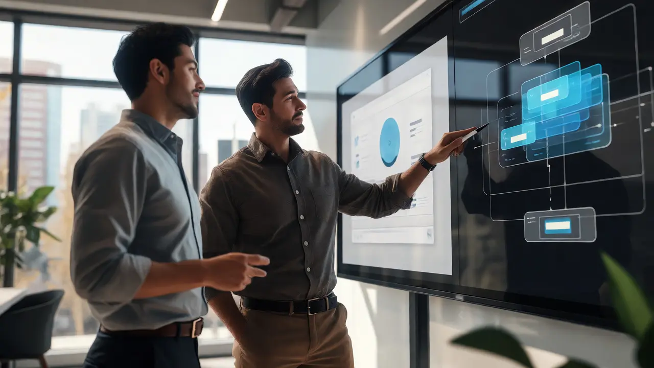 Two developers discussing a split-screen display comparing prototypes and architecture.