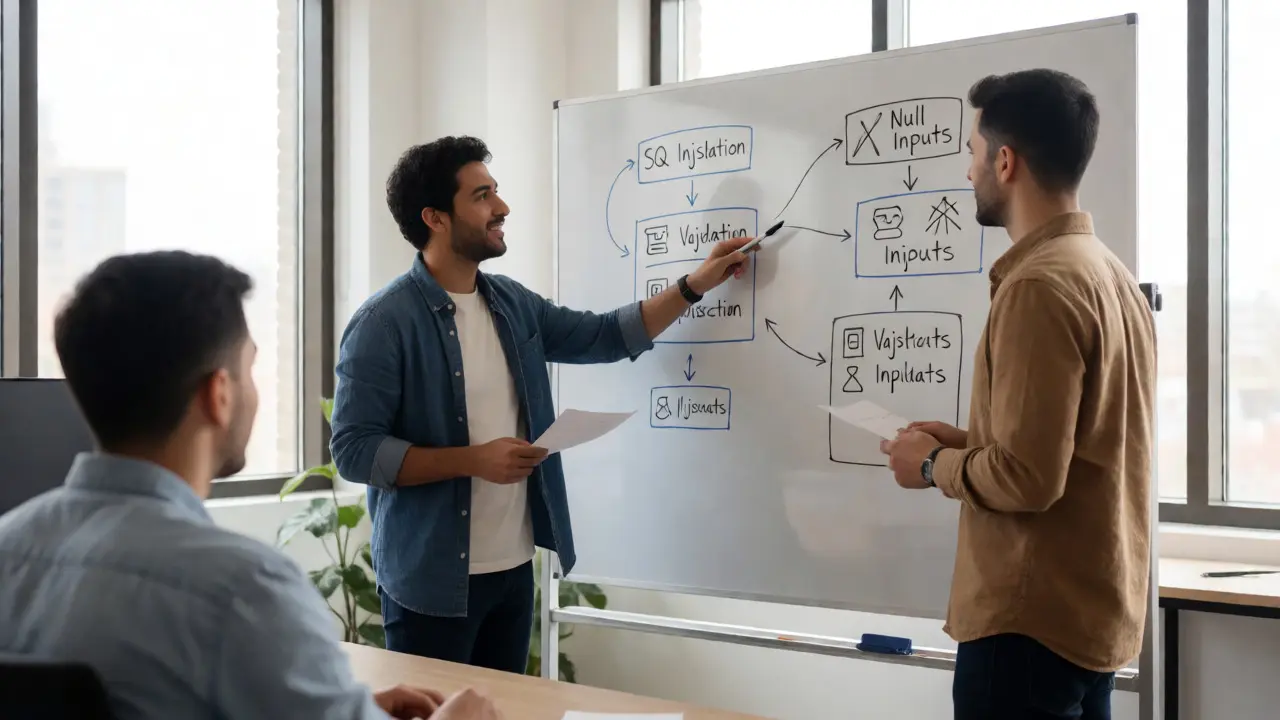 Two developers mapping out validation rules and security constraints on a whiteboard.