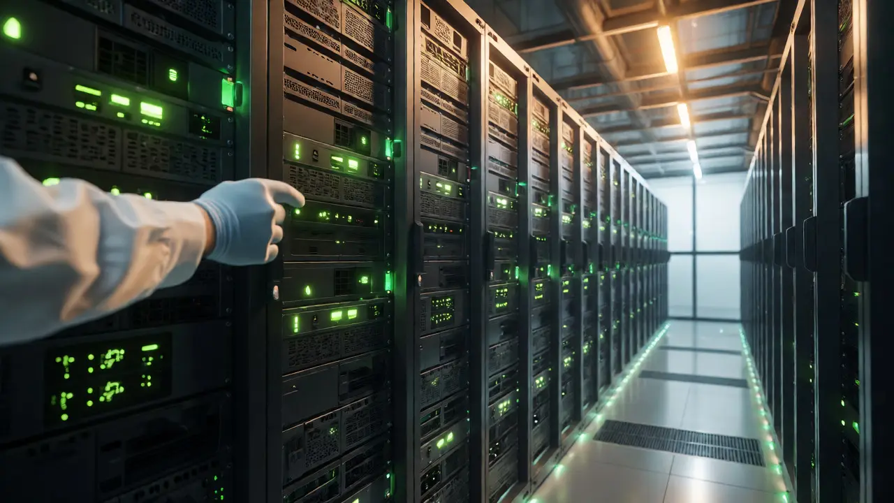 Wide view of an optimized, calm server room with aligned racks and green status lights