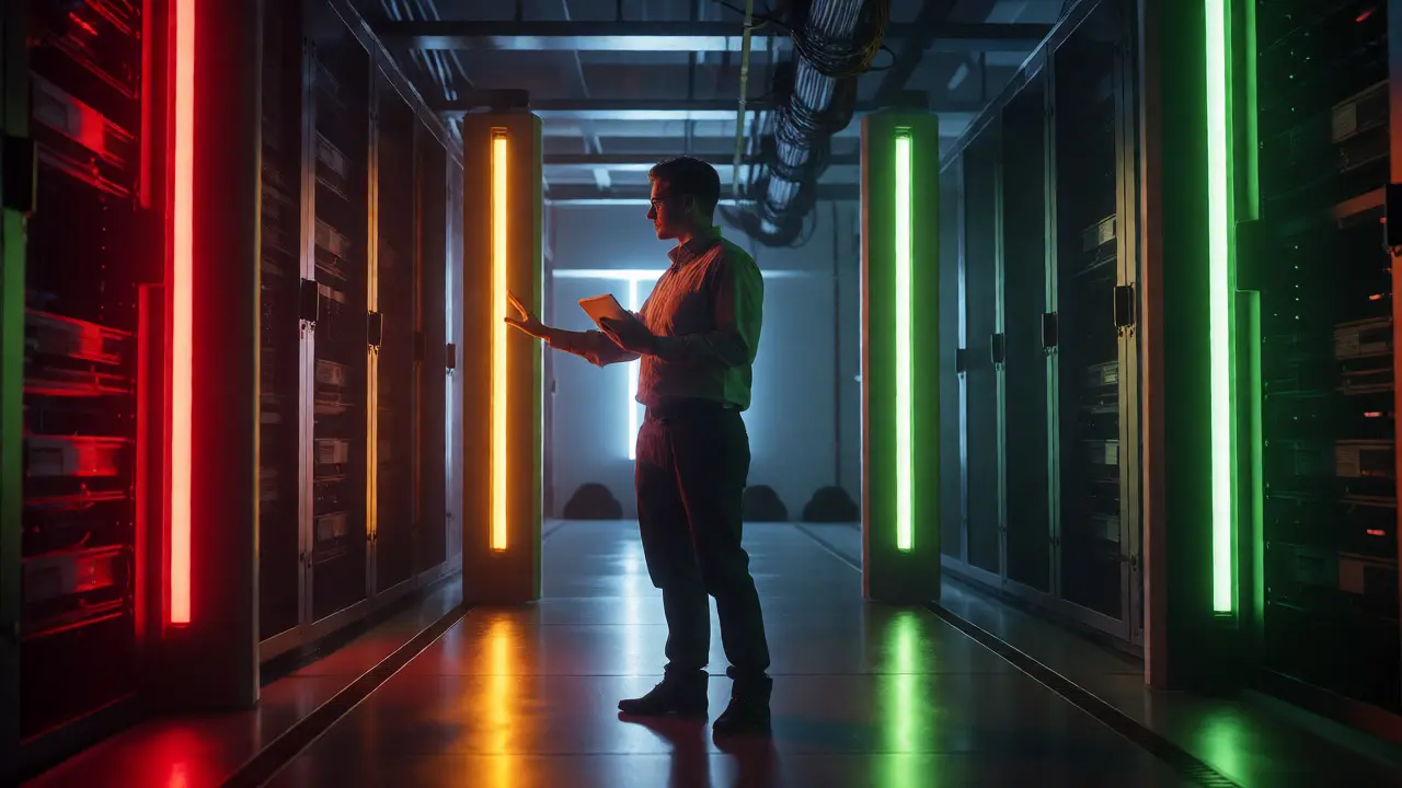 A developer standing between red, yellow, and green light columns in a data center.
