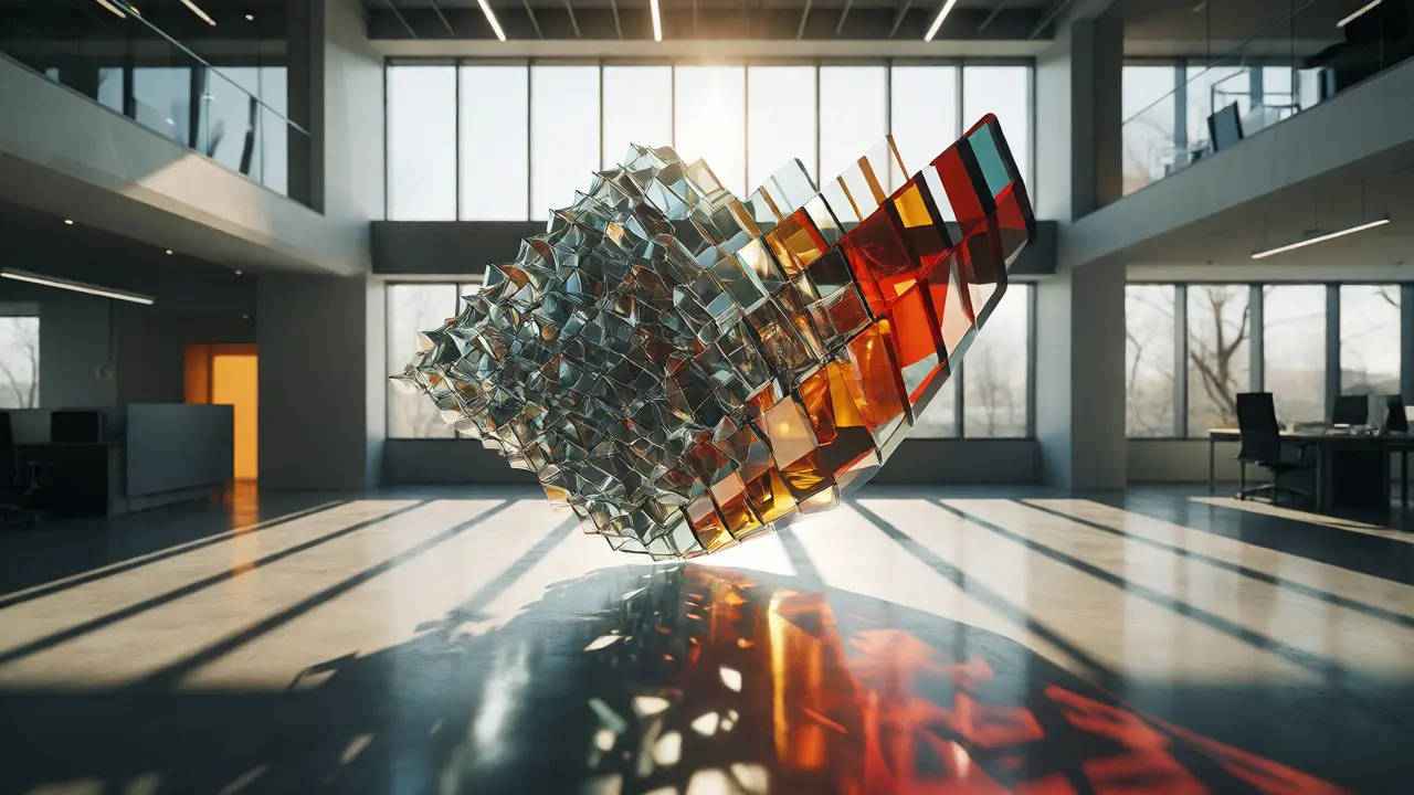 Abstract glass sculpture in an office representing model fine-tuning stages.