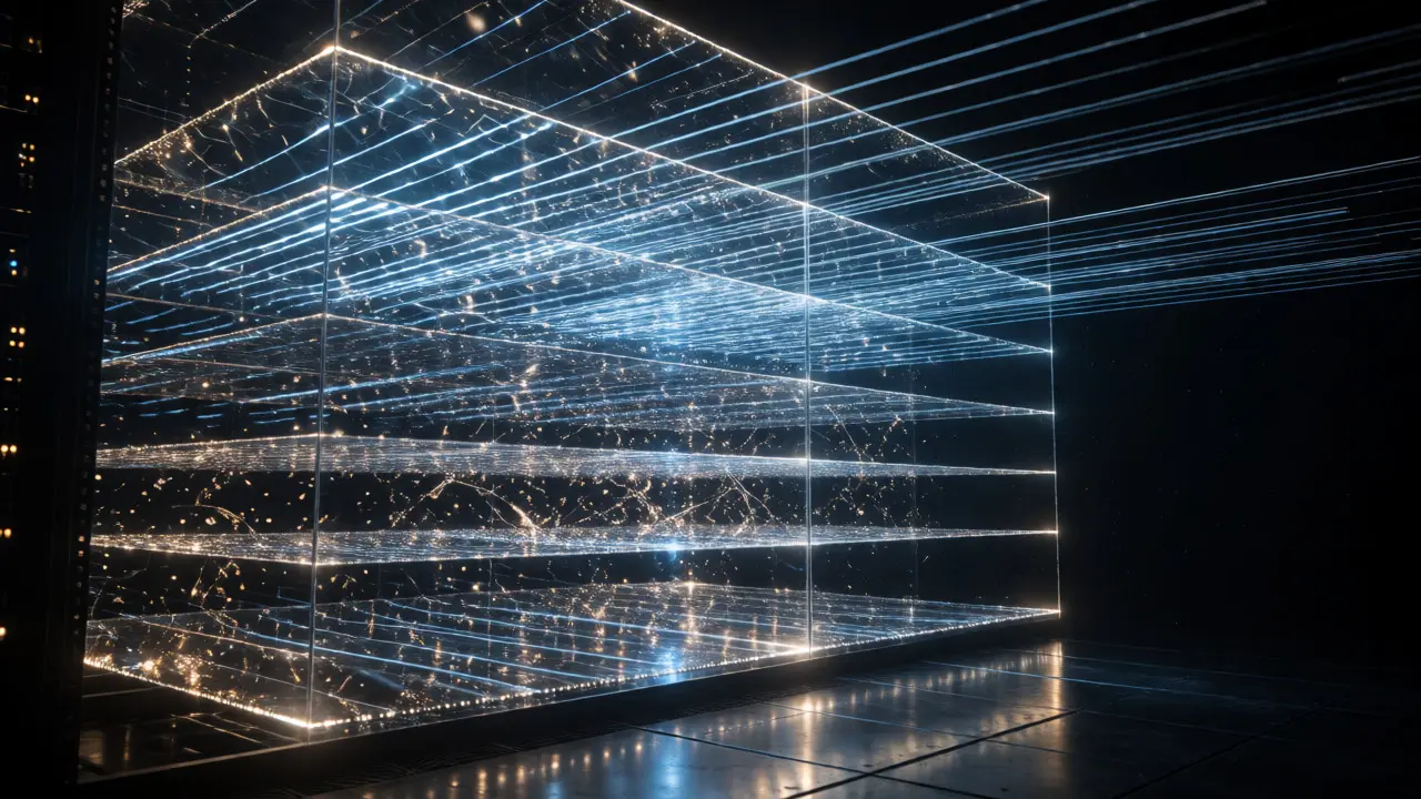 Abstract visualization of layered AI neural networks projecting future outputs.