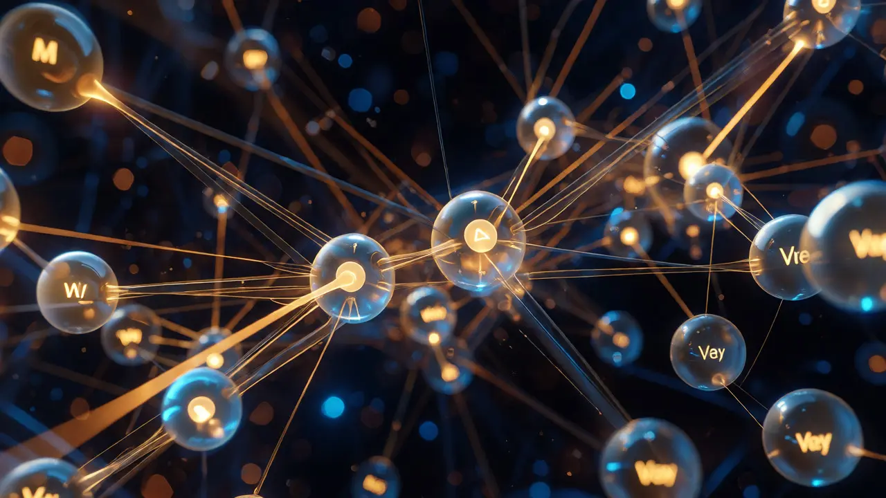 Abstract web of light connecting spheres illustrating attention mechanisms
