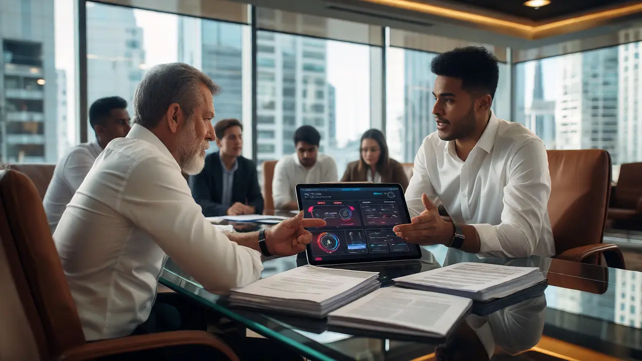 Boardroom meeting comparing docs to digital prototype