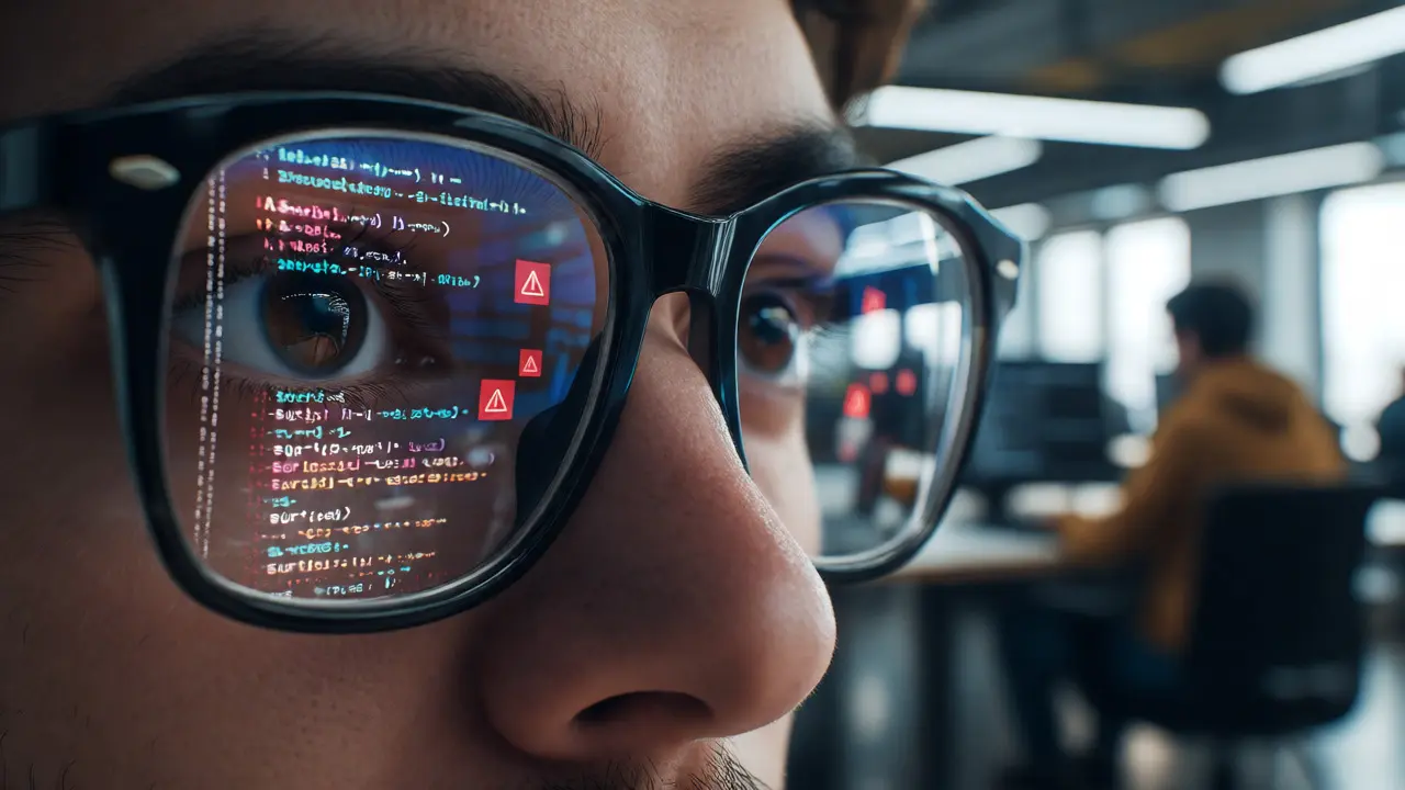 Close-up of developer glasses reflecting code with security warnings