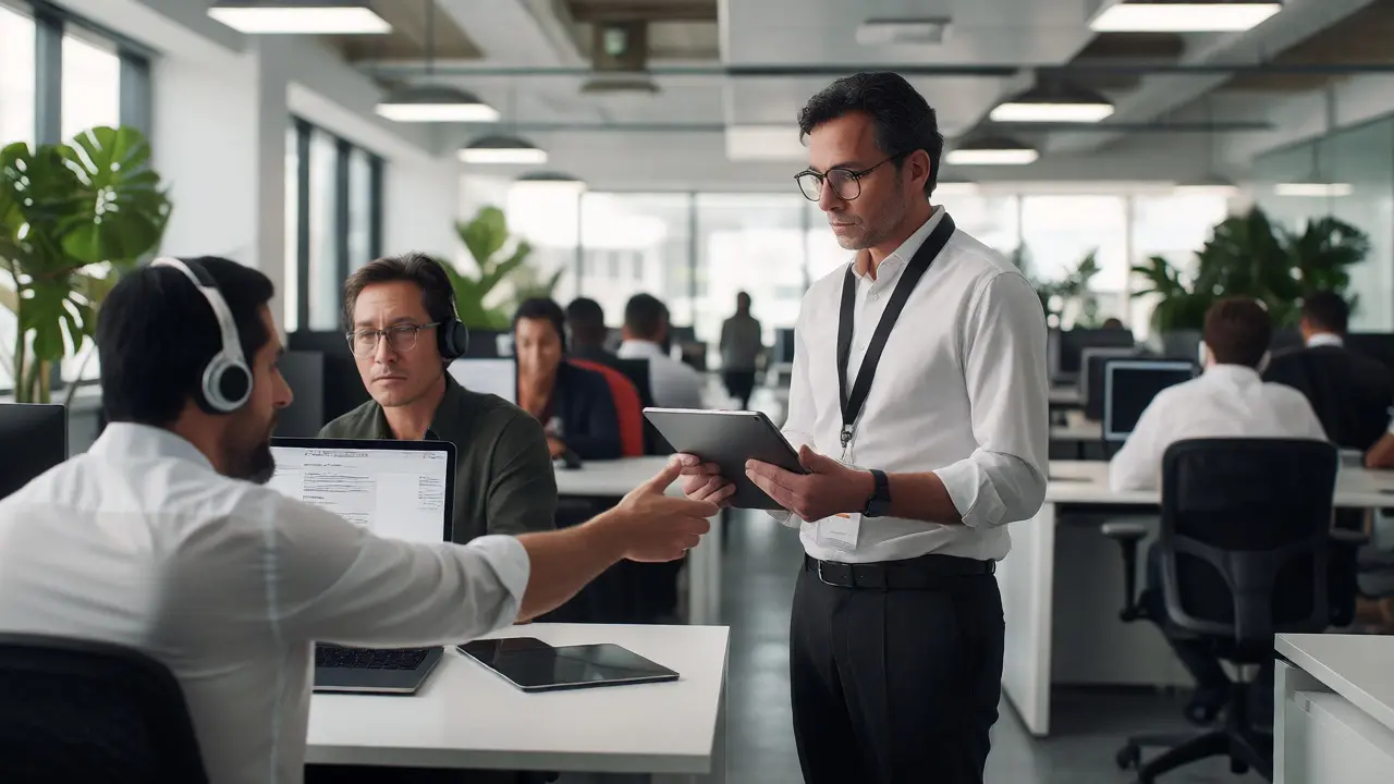 Compliance officer reviewing tablet with engineer in office