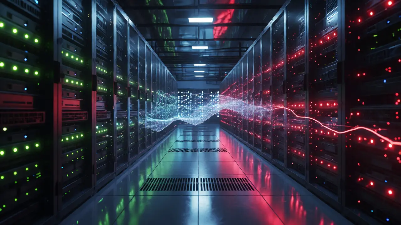 Data center servers divided by a glowing network partition effect