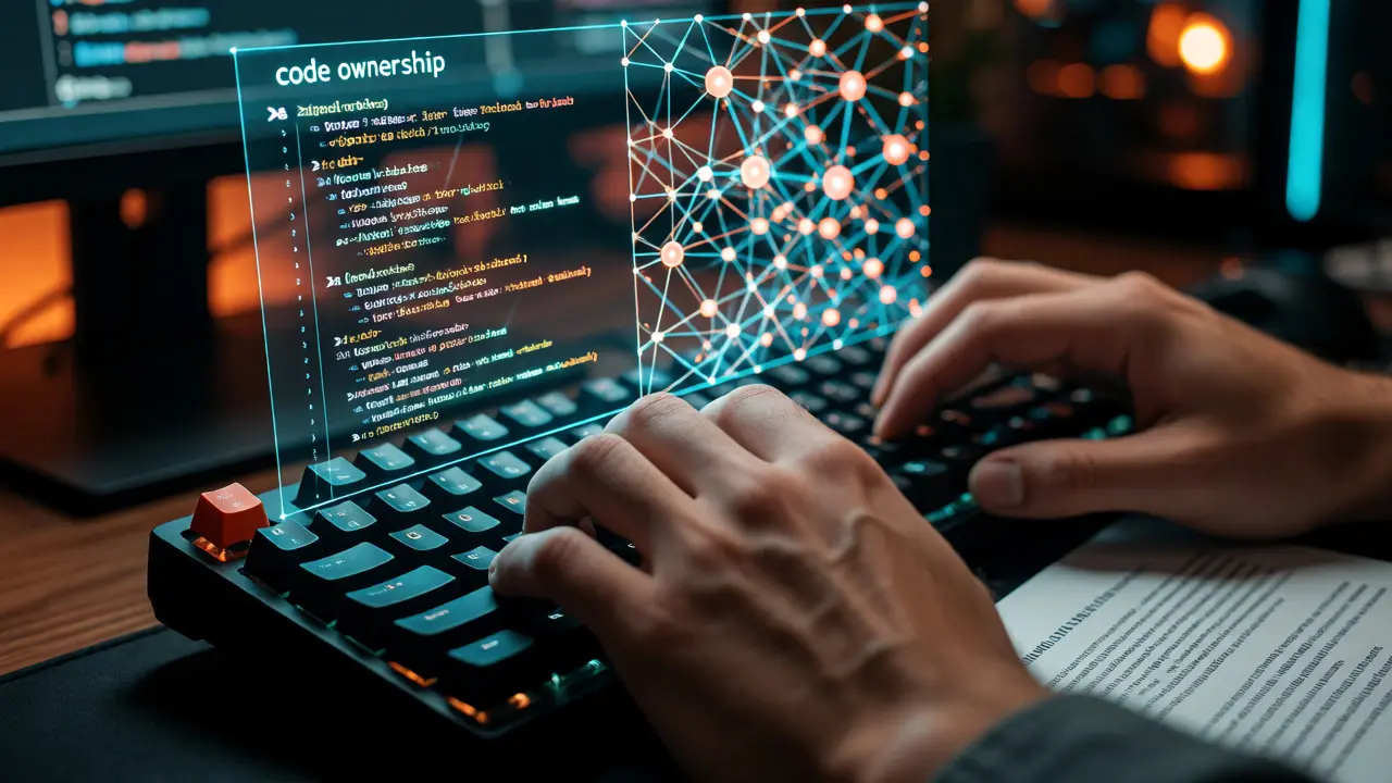 Developer typing with holographic code and neural networks showing governance risks