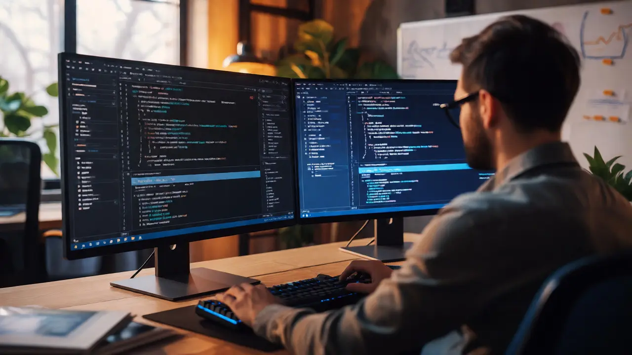 Engineer coding on dual monitors displaying LLM serving stack logs