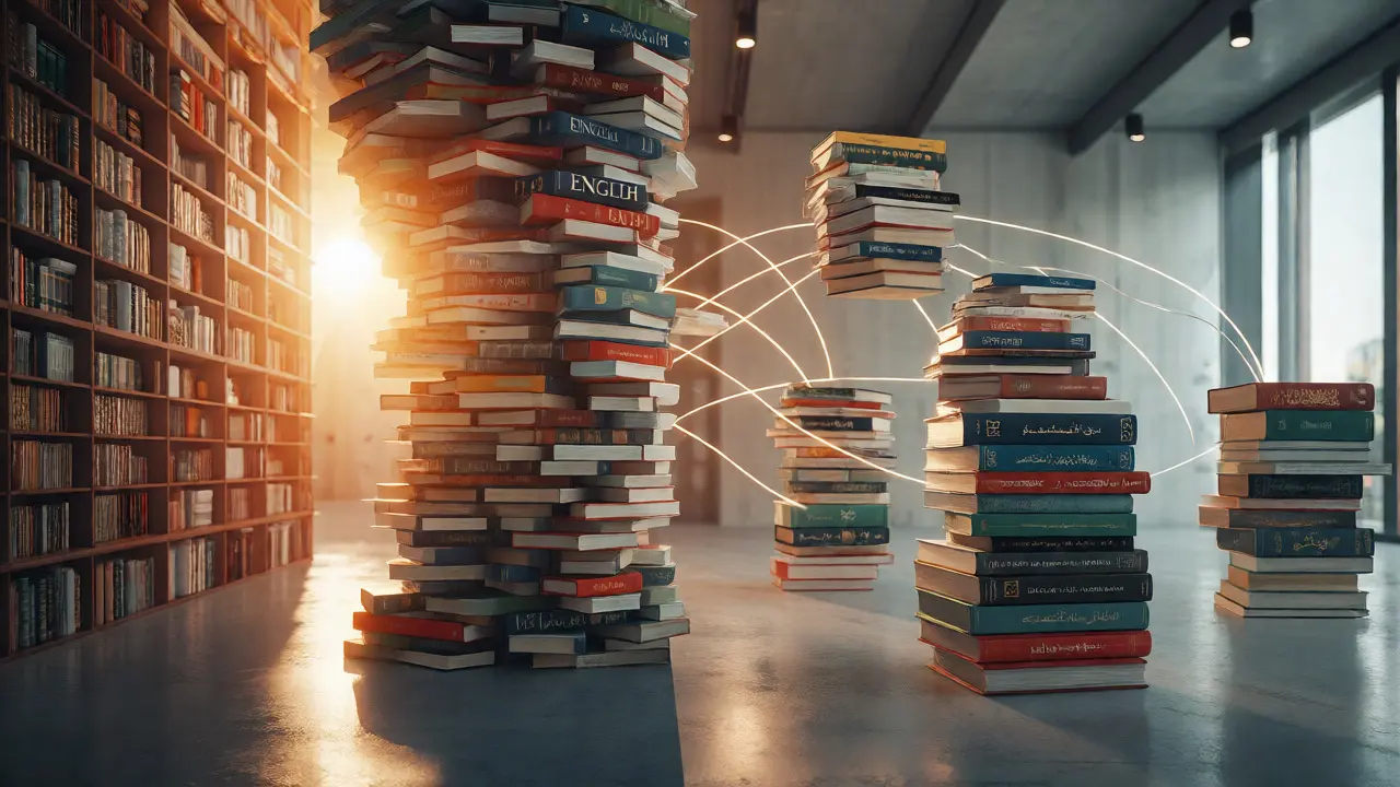 English books acting as a central pivot connecting diverse global languages